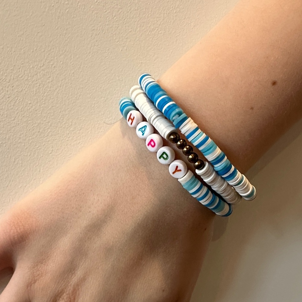 Stacked Blue & White 'HAPPY' Beaded Bracelets